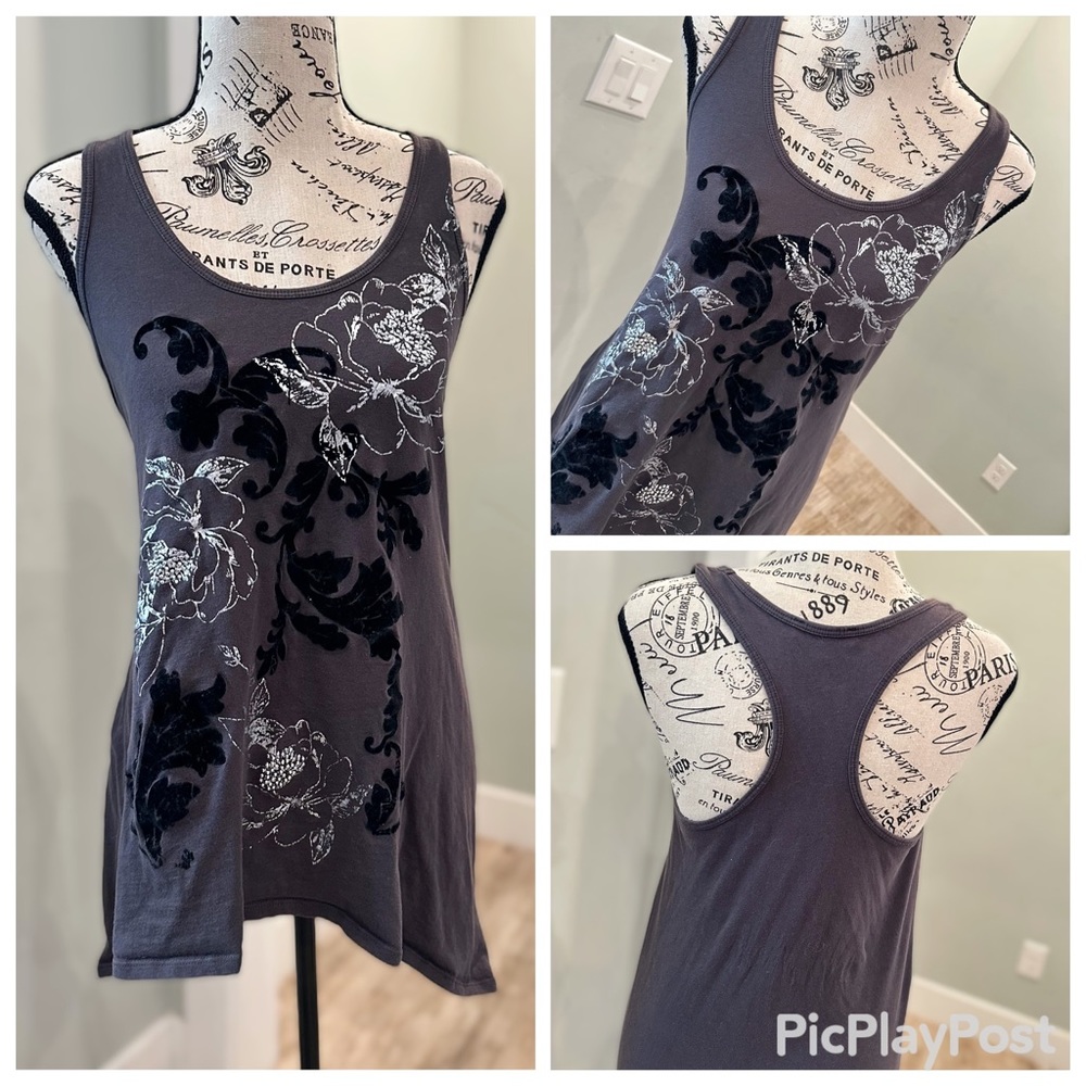 EXPRESS Racer Back Top! Longer on Sides Super Cute Size Small Gray/Black/Silver!